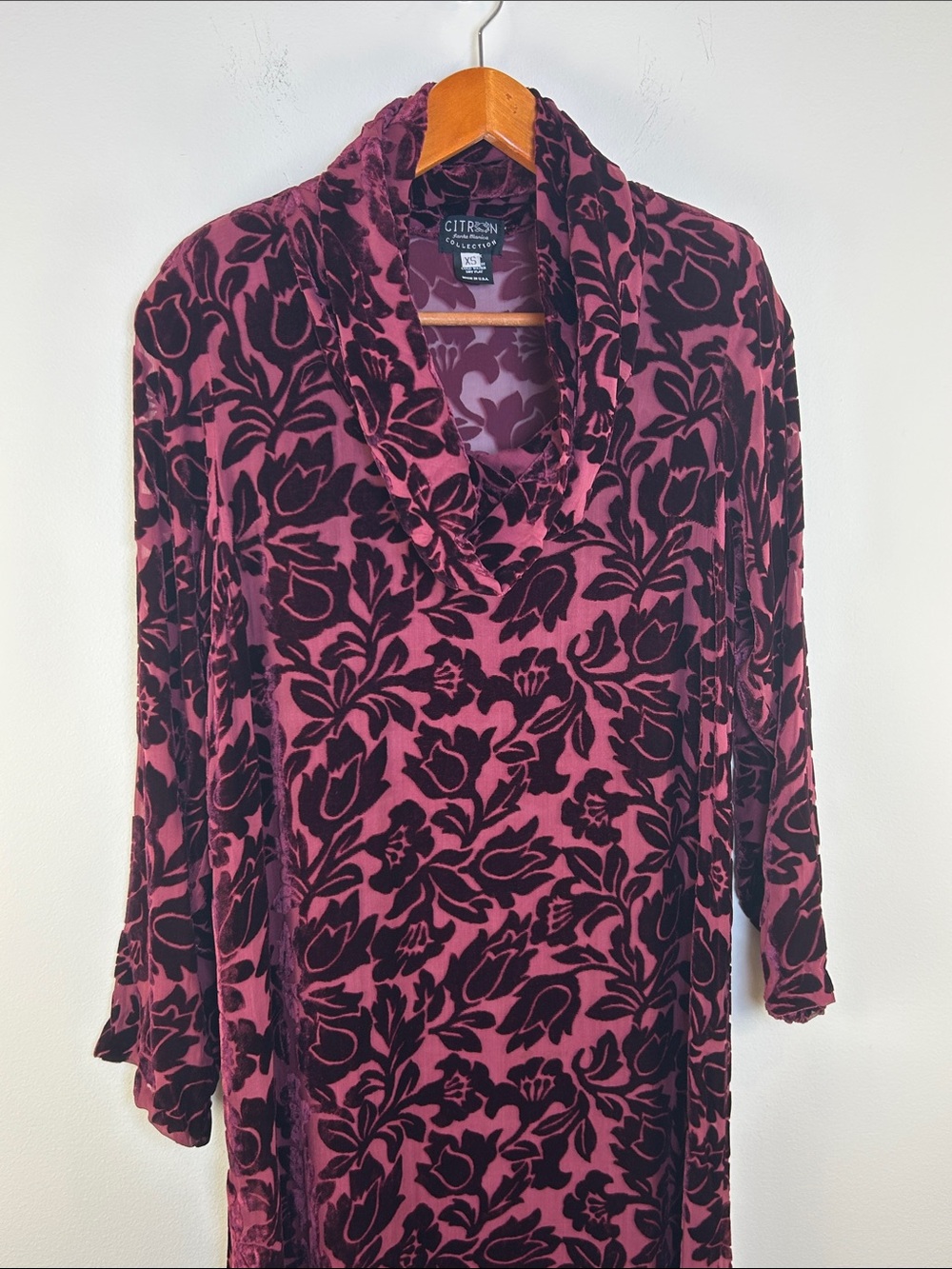 Citron Burgundy Silk Velvet Burnout Floral Dress XS Made USA